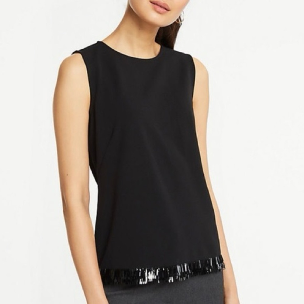 Ann Taylor Fringe Paillette Shell Tank Top Blouse Sleeveless Black Sz M